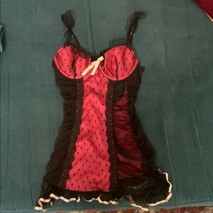 Vintage Victorias Secret Black and Pink Chemise with Delicate Lace